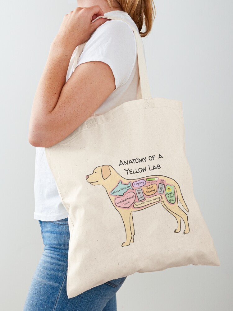 A woman wearing a white short sleeve t-shirt with a cotton tote bag on her shoulder. The tote bag features a cartoon illustration titled “Anatomy of a Yellow Lab” showing a cute Yellow Lab dog with funny labeled anatomy sections.
