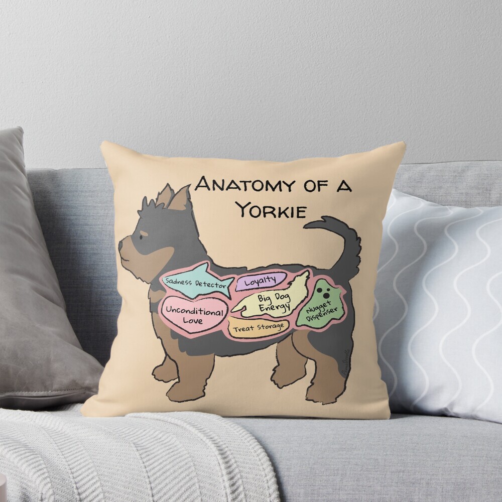 Decorative throw pillow on a couch featuring a cartoon illustration titled “Anatomy of a Yorkie” showing a cute Yorkshire Terrier dog with funny labeled anatomy sections.